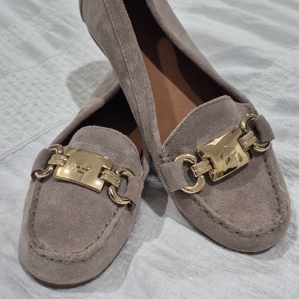 Kate Spade CARSON FLATS Suede Leather  Taupe, Beige, Gold Metalic  Accents 6.5